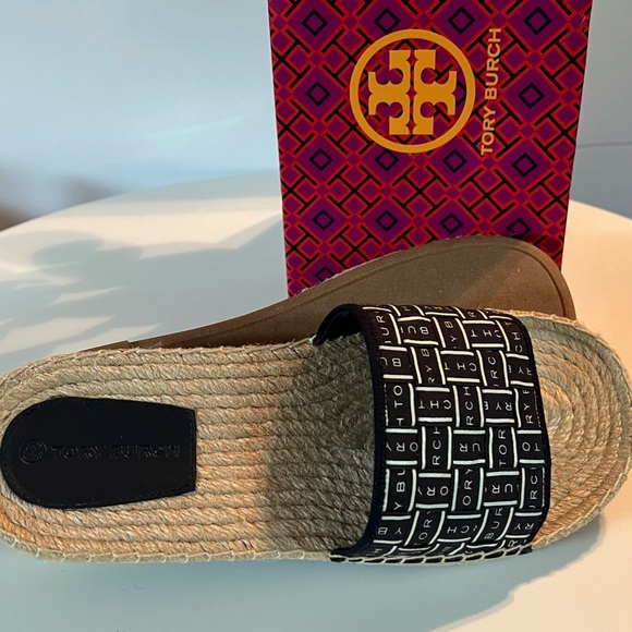 Tory Burch Ribbon Espadrille Slide Herringbone Size 10.5 Color Navy & Ivory - Picture 3 of 6